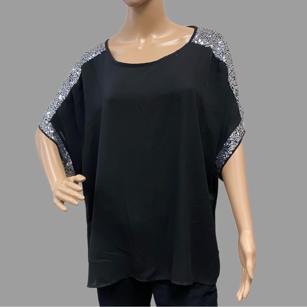 Shein CURVE 4XL BLACK SHIRT SILVER SEQUINS ON SLEEVES